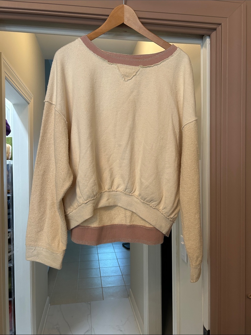 Anthropologie Cream Crewneck Sweater with Dusty Pink Trim